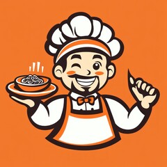 Cartoon chef serving food, cheerful, on orange background, food illustration, use for restaurant menu, etc