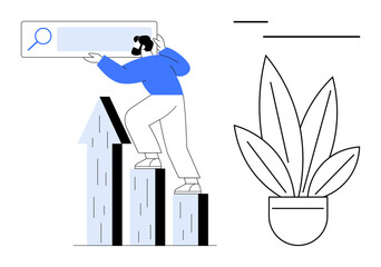 Person climbing three upward arrows while holding a magnifying glass icon, symbolizing search and growth. Ideal for business growth, search optimization, success, progress, analysis, strategy