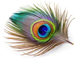 Obraz premium White backdrop showcases isolated peacock feathers in jewel tones.