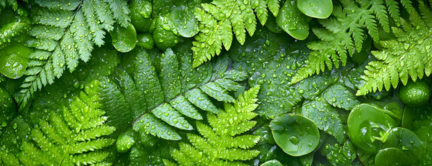 Dewy ferns, lush leaves, nature backdrop