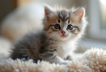 Naklejka premium Fluffy Feline Fun: The Adorable Antics of a Cheeky Kitten