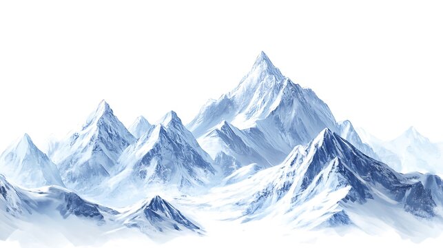 Snow-covered mountain peaks in stark contrast to a clean white backdrop