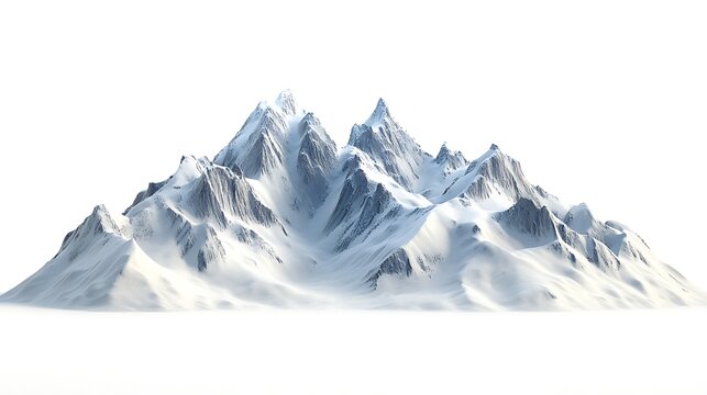 Snow-covered mountain peaks in stark contrast to a clean white backdrop