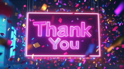A vibrant and colorful "Thank You" message displayed on a digital screen, surrounded by festive confetti and 
