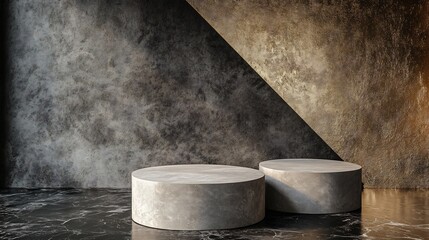 Elegant grey stone podiums dramatically lit against dark textured wall. AI Generated