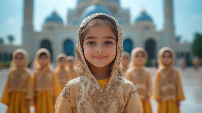 Girl smiles, mosque backdrop, Central Asian children, tourism