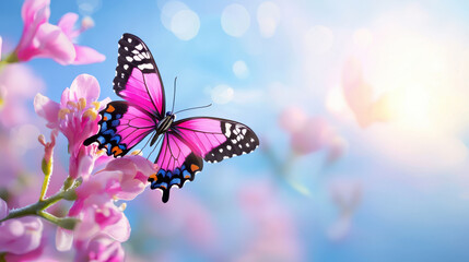 vibrant butterfly with pink wings rests on flower against sunny sky