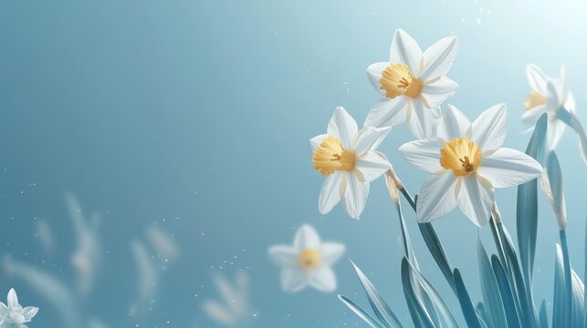 Minimal light blue spring background with blooming yellow daffodils, featuring elegant floral arrangement and soft pastel tones, perfect for seasonal nature themes, fresh botanical designs, and serene
