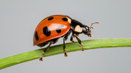 Fototapeta premium ladybug with vibrant red and black spots crawls on green stem against neutral background