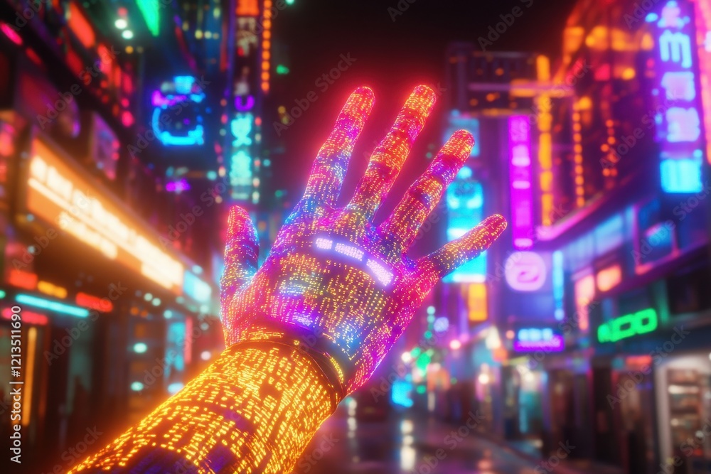 Poster digital interaction: a human hand covered with glowing code engaging with a robotic counterpart in a