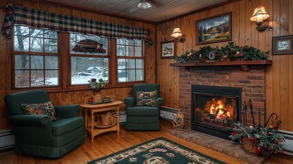 Cozy winter cabin room with fireplace, chairs, and Christmas decor.