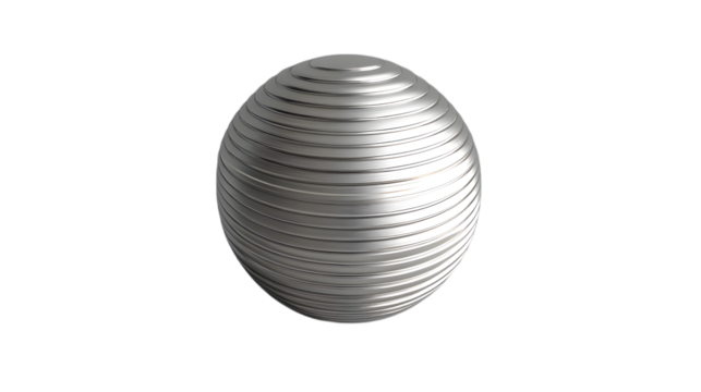 A silver sphere with subtle etchings of concentric circles, giving it a minimalist yet artistic appeal, placed centrally on a transparent background 