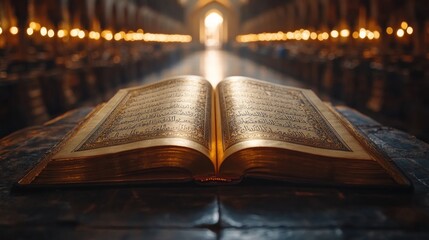 Obraz premium Open holy book, candlelit temple, spiritual reading, faith