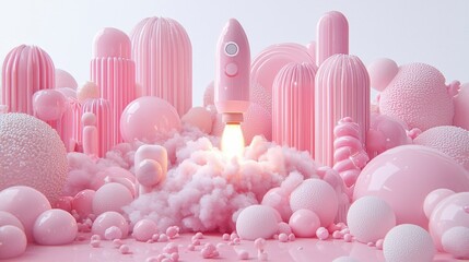 Light bulb rocket taking off, releasing smoke in 3D rendering, symbolizing the ignition of innovative ideas, education, and the launch of new startups.