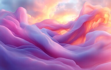 Obraz premium Dreamlike pastel fabric waves under sunset sky.