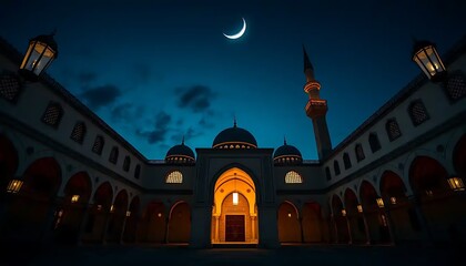 Nighttime Mosque Illuminated Under Crescent Moon