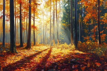 Autumn sunlight streams through forest, illuminating fall foliage, creating a serene nature scene for calendar design