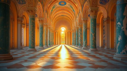 Obraz premium Sunlit Palace Hallway, Columns, Arches, Artwork, Sunrise, Interior, Design, Fantasy, Game Background