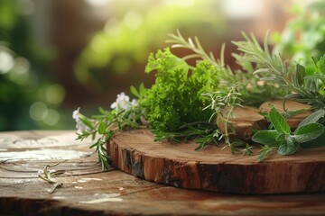 High Definition View of Organic Herb Cuts on Rustic Wooden Board