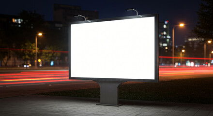 A brightly lit blank billboard at night, situated in an urban setting with blurred car lights in the background.