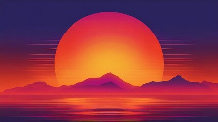 Naklejka premium Sunset over mountains, calm water, vibrant colors; ideal for travel brochures