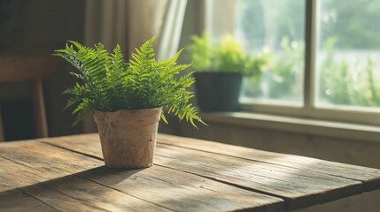 Potted Fern in Sunlight on Rustic Wooden Table