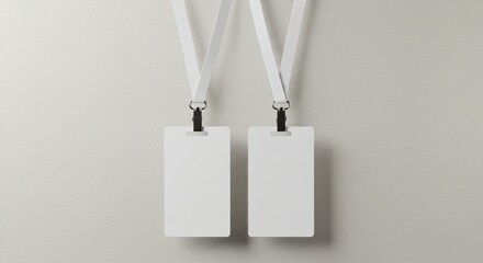 Two blank white ID badges with lanyards hanging against a neutral background, ready for customization or branding.