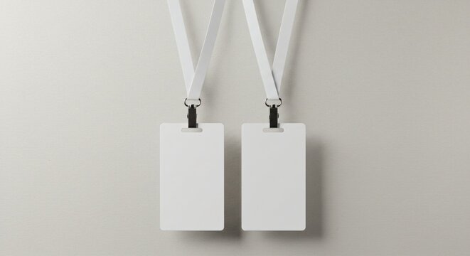 Two blank white ID badges with lanyards hanging against a neutral background, ready for customization or branding.