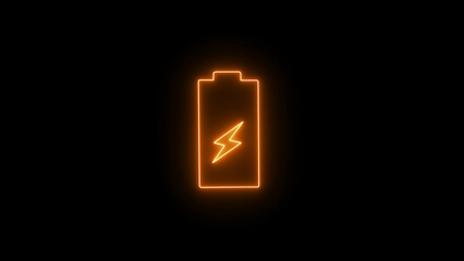 Glowing neon golden color mobile battery charging icon. Abstract battery neon icon in futuristic bright polygonal style, with charging symbol	