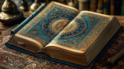 Antique book, ornate pages, Persian rug, study, magic