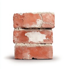 Obraz premium Weathered Red Bricks Stacked on White Background: Aged Masonry Texture for Construction and Design