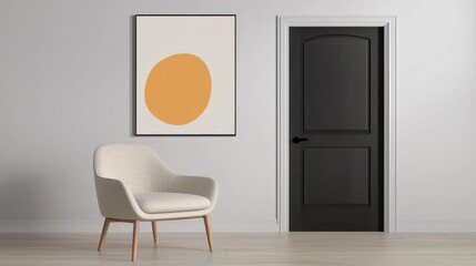 Modern interior design black door, armchair, minimalist art. Home staging