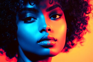 Obraz premium Commercial ad visual idea. Short coiffure - curly hair. Lovely calm black girl - for ads, marketing material and social networks promotion use. African american model art. Black woman glamour.