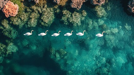 Fototapeta premium Five white swans swimming in a clear turquoise lake, aerial view.
