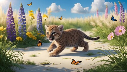 Whimsical Pursuits: A Florida Panther Cub in Wildflower Bliss