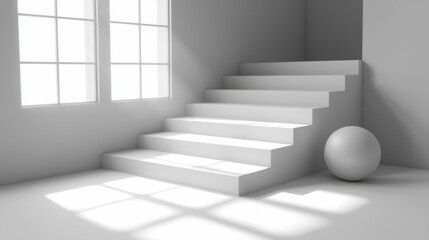 Fototapeta premium Bright white space with geometric circle shapes, sunlight filtering through, creating an abstract, minimalistic backdrop for modern product displays or creative showcases.