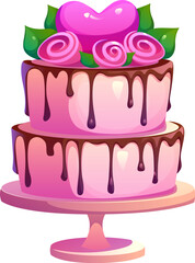 Wedding cake for Valentine day or marriage and love holiday, vector cartoon symbol. Wedding cake with pink cream rose flowers and caramel candy heart in chocolate for Valentine day confectionery