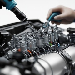 Obraz premium Mechanic servicing a modern car engine meticulously