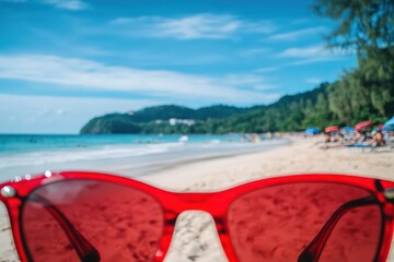 A warm summer day on a Phuket beach, with the scene focused through the vivid red lenses of sunglasses.