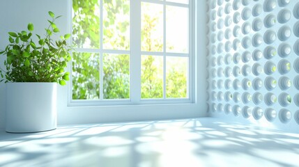 Fototapeta premium Clean white architectural space with geometric elements like circles, illuminated by sunlight, offering a sleek, abstract background ideal for product displays or artistic presentations.