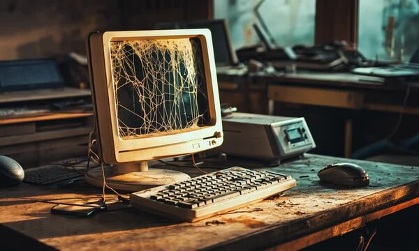 Abandoned Office with Broken Computer Monitor and Dusty Desk
