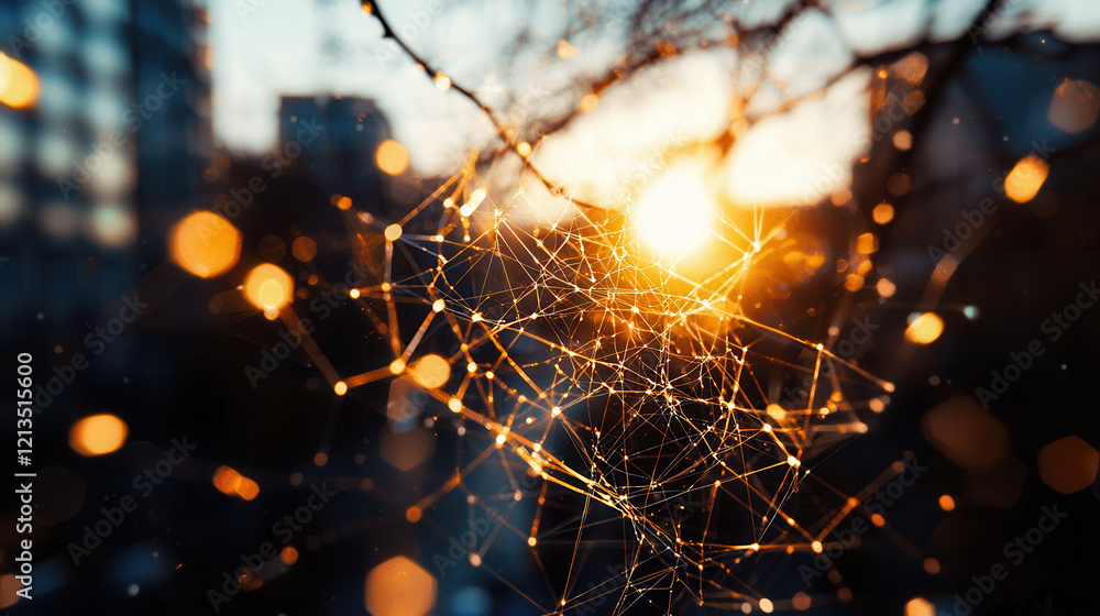 Poster close up of glowing digital network structure resembling web, illuminated by warm sunlight in blurre