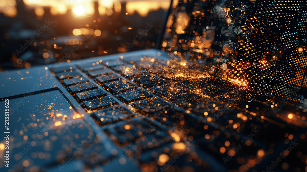Poster close up of laptop keyboard with glowing digital particles, symbolizing advanced technology and inno