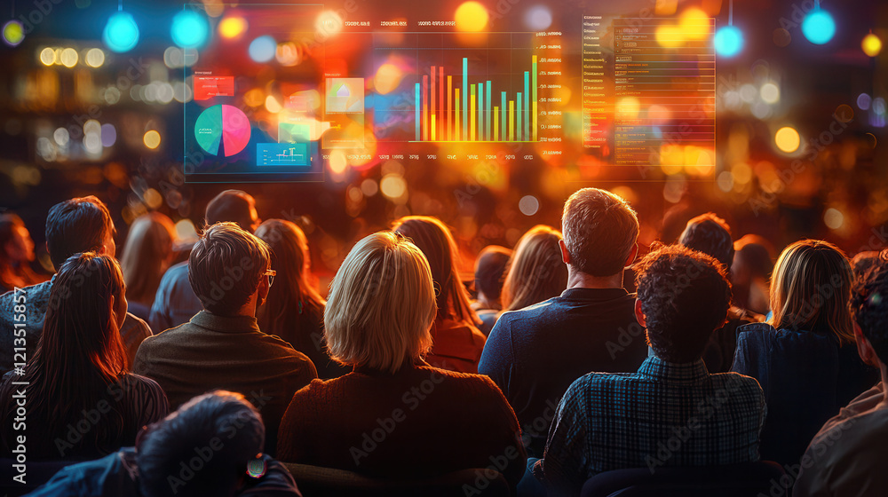 Poster diverse audience attentively watches virtual presentation with vibrant data visualizations in dynami