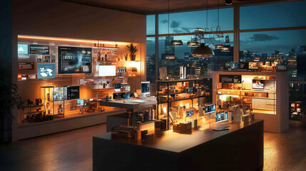 modern office with dynamic holographic displays, illuminated by warm lighting, showcasing futuristic technology and creative marketing concepts