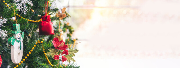 Background Christmas tree decorated holiday winter xmas celebration present gift decorate bauble ornament golden ball in cozy living room. Merry Christmas happy new year festival traditional concept