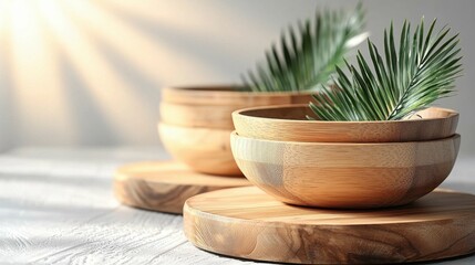 Geometric wood pedestal table podium with tropical palm tree leaves, sunlight creating leaf shadows on a white background, offering a stylish setting for luxury and eco-friendly product displays.