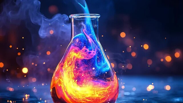 Colorful swirling liquid in a laboratory flask with vibrant smoke and glowing particles in the background