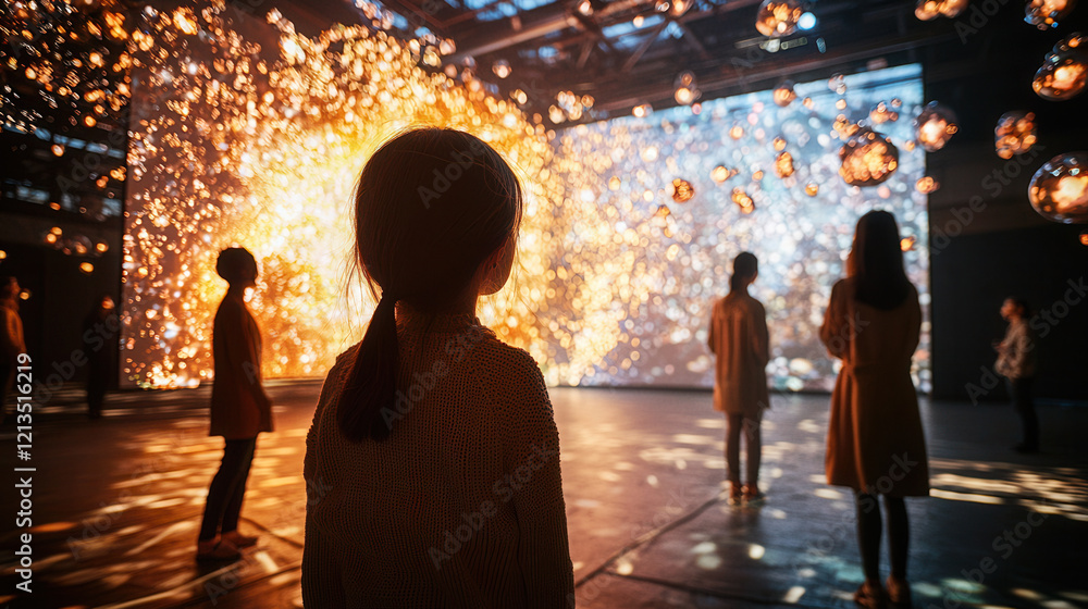 Aufkleber group of people standing in immersive art installation with glowing lights, creating mesmerizing and