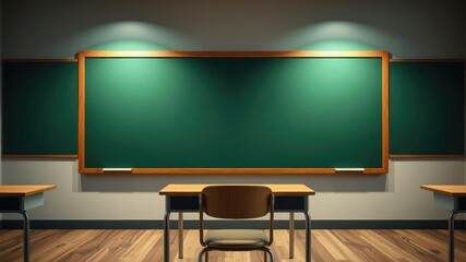 Fototapeta premium Classroom desk and chair in front of an empty room with a chalkboard on the opposite side, chair, empty room, minimalist decor